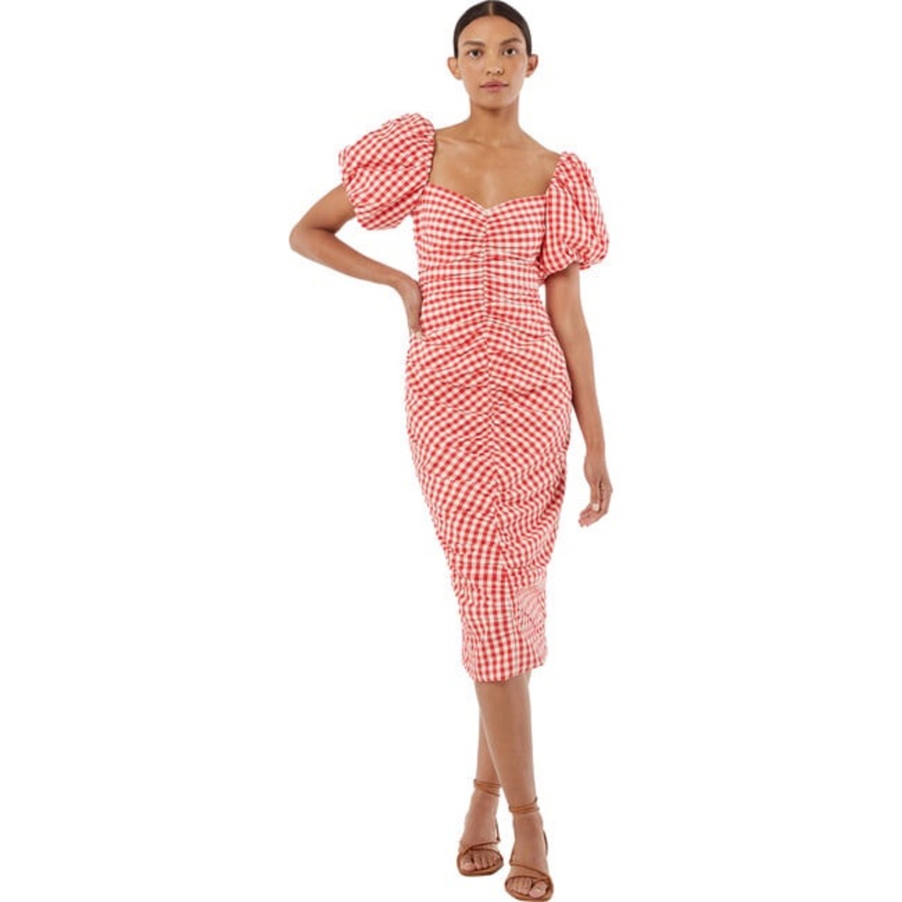 Rhode Red Gingham Midi Dress with Puff Sleeves